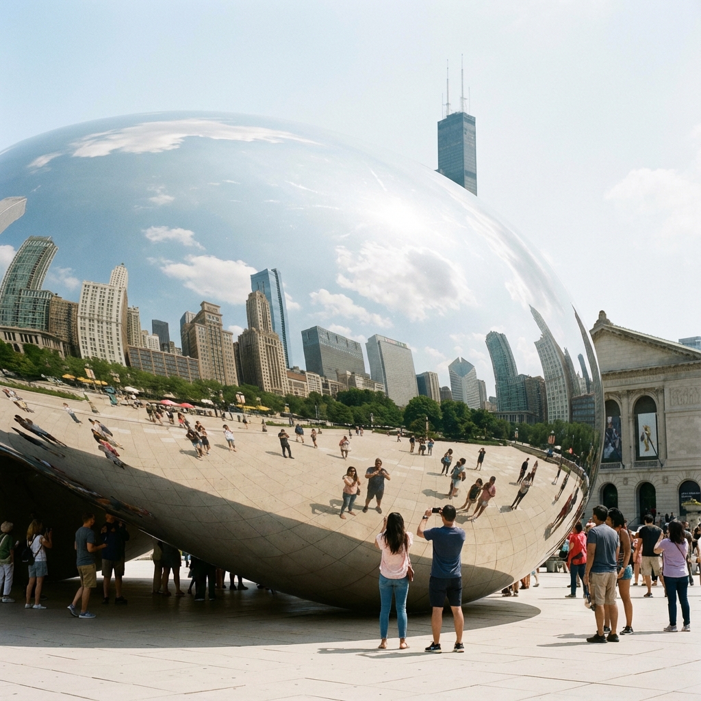Cloud Gate (The Bean) reflecting Chicago skyline at Millennium Park